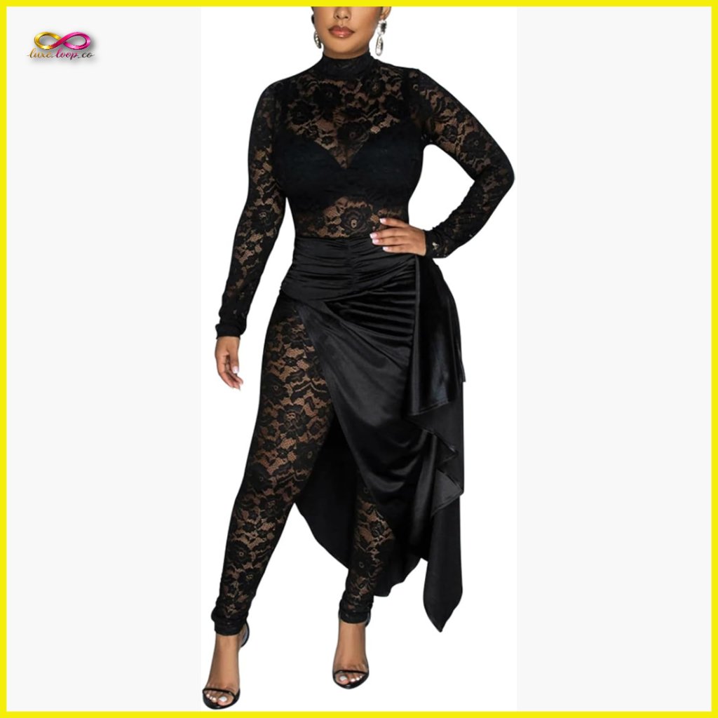 Lace Mesh Jumpsuit Long Sleeve Bodycon Pleated Midi Skirt Sexy Club Outfit